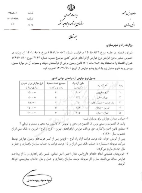 افزایش نرخ عوارض ۵ آزاد راه کشور از اول آذر + لیست نرخ 